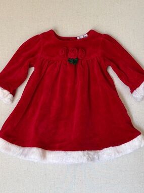 Le Top Red Velour Christmas Dress With Rosettes & White Fur Trim Size 6 months